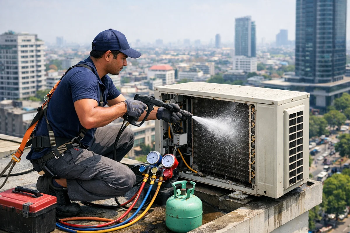AC Repair Service in Mohammadpur - Mohammadi Engineering Ltd. Technician Repairing Split AC