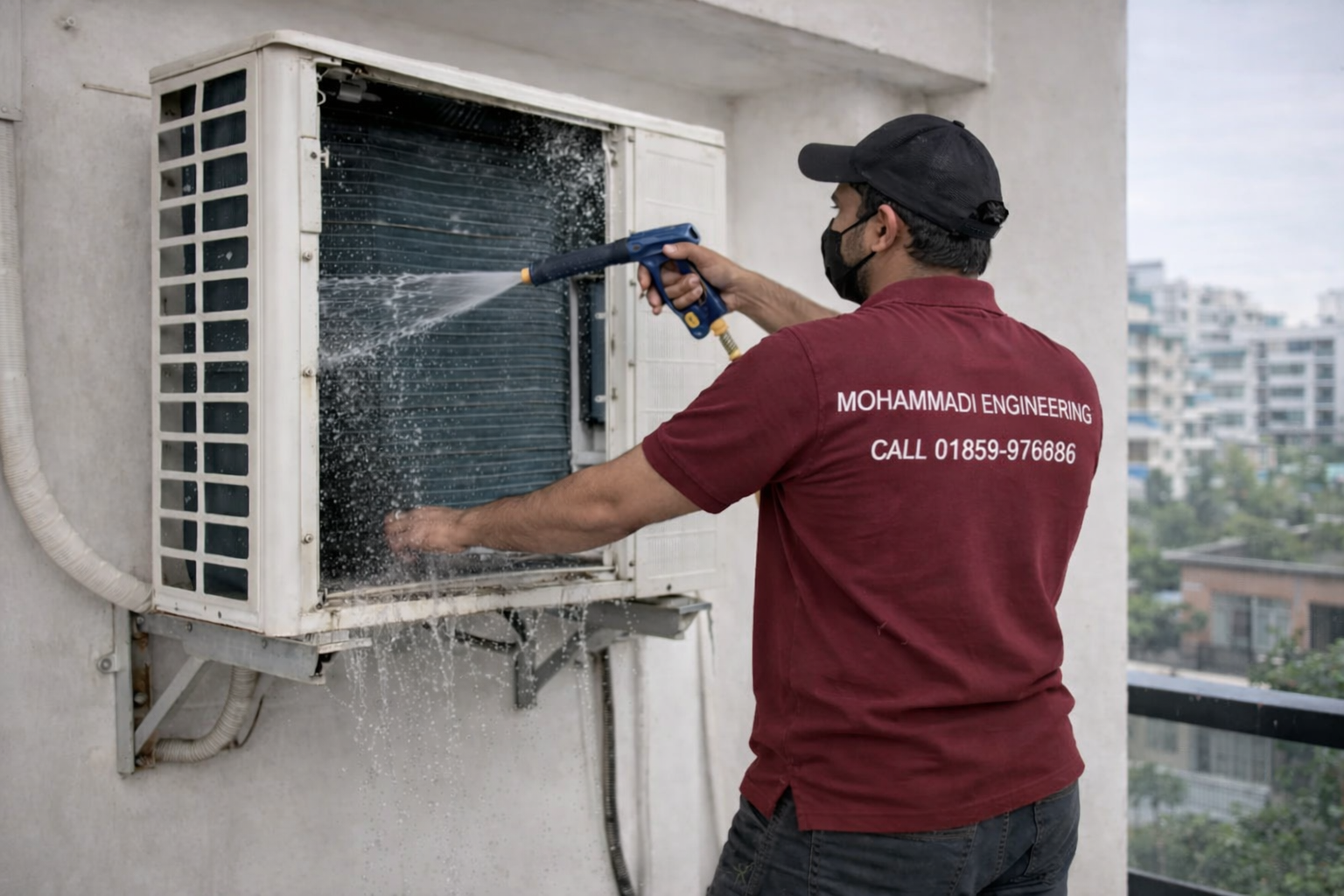 AC repair service technician working on an air conditioner unit in Motijheel, Dhaka – Mohammadi Engineering Ltd.