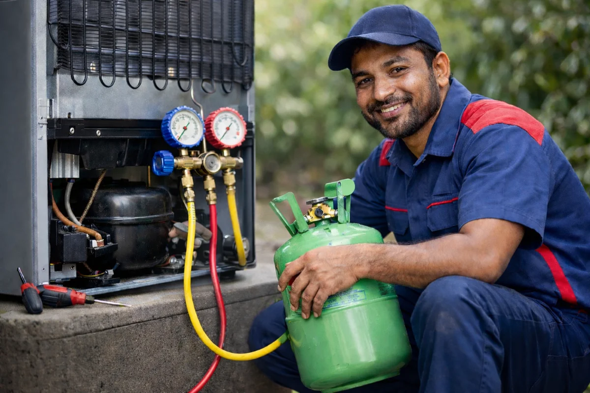 Technician performing fridge gas refill service in Dhaka