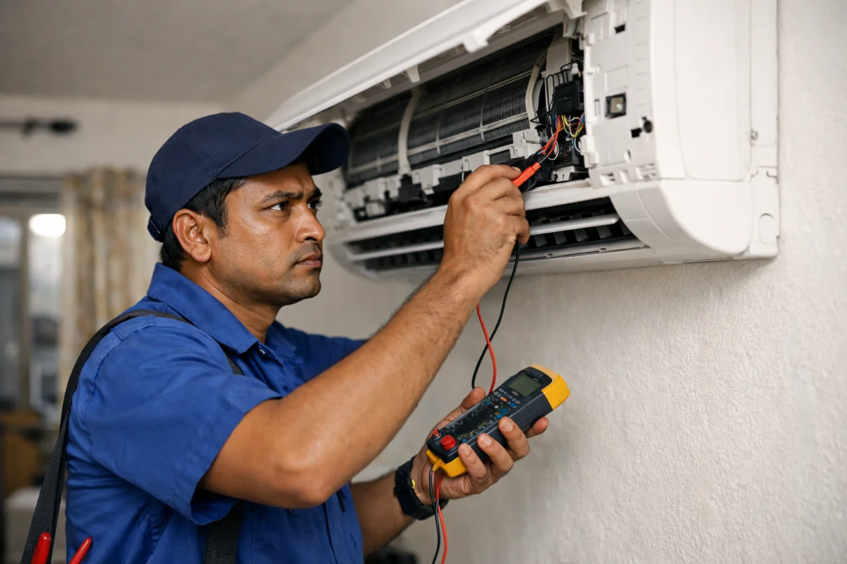 Mohammadi Engineering Ltd technician repairing split AC unit at a residence in Dhaka
