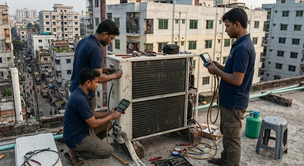 Professional HVAC repair technician servicing a commercial heating ventilation and air conditioning system in Dhaka, Bangladesh